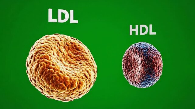 Low Density Lipoprotein LDL and High Density Lipoprotein HDL Cholesterol Particles Side By Side Microscopic View Green Background Scientific Medical