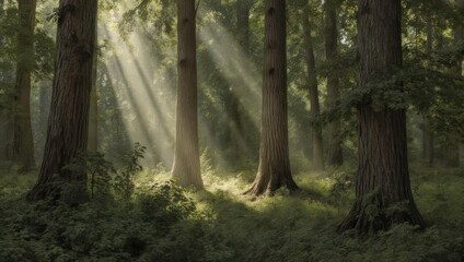 Naklejka premium Sunbeams filtering through a dense forest canopy illuminating the woodland floor.