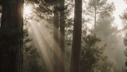 Obraz premium Sunbeams pierce through misty forest canopy illuminating ancient trees.
