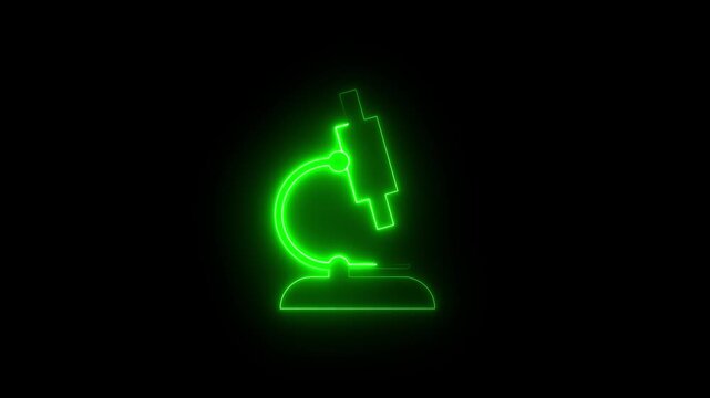 Neon microscope icon animation on black background, glowing science icon, laboratory symbol, medical research, biology lab, futuristic neon UI, education and science concept