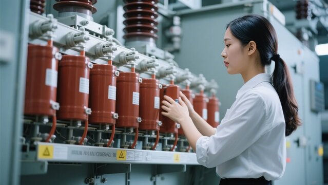 Female technician inspecting electrical equipment in a power facility