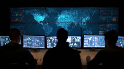 Police Cyber Unit Monitors Data Breaches and Cybersecurity Threats on Multiple Screens in a Dark Control Room Environment
