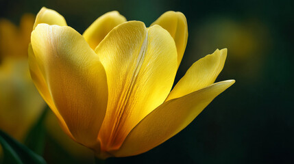 Obraz premium A close up shot of a vibrant yellow tulip flower with a dark green blurred background in soft lighting
