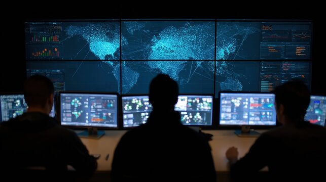 Police Cyber Unit Monitors Data Breaches and Cybersecurity Threats on Multiple Screens in a Dark Control Room Environment