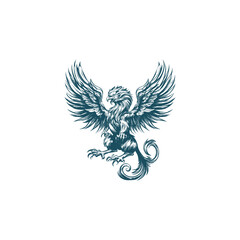 Fototapeta premium vintage engraving or woodcut illustration depicting a majestic griffin in a dynamic attack stance, roaring with large, spread wings