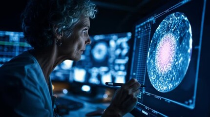 Radiology analysing cell scan data on monitor in dark lab - Powered by Adobe