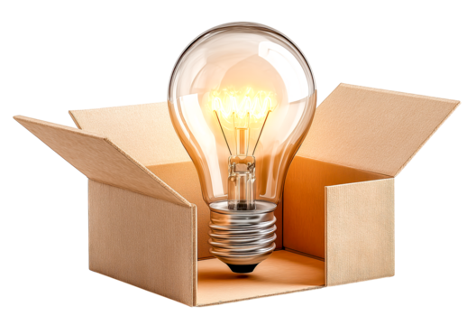 Innovative shipping light bulb cardboard box creative idea delivery concept innovation logistics bright package inspiration. Innovative shipping light bulb cardboard box evokes creative, isolated