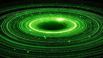 Glowing green digital vortex with concentric data ring and particle swirl creating energetic futuristic motion, glowing concentric particles - Powered by Adobe