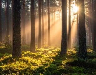 Fototapeta premium Golden sunlight streams through a vibrant forest, illuminating mossy ground and towering trees