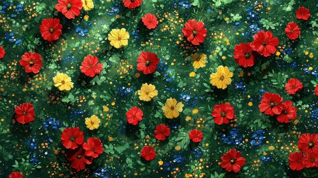 Vibrant floral landscape with red, yellow, and blue flowers in bloom