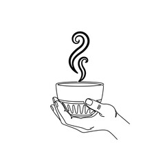 This minimalist continuous line art beautifully illustrates a hand gently cradling a steaming cup, evoking a sense of warmth, comfort, and tranquil simplicity.