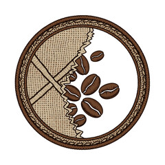 A captivating circular illustration showcasing textured burlap and rich roasted coffee beans gracefully spilling from a torn edge, ideal for beverage branding.