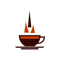 A minimalist vector illustration portrays a steaming cup of coffee with abstract, geometric steam rising, perfect for modern branding and digital design.