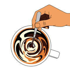 An overhead illustration captures a hand stirring a creamy beverage in a white mug, creating mesmerizing swirls of dark and light liquid, perfect for a relaxing morning.