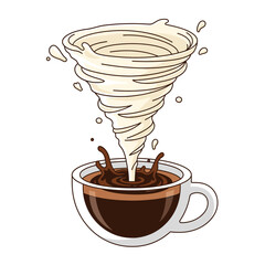 A dynamic illustration captures a creamy milk vortex swirling dramatically into a rich, dark cup of freshly brewed coffee, creating an energetic splash.