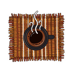 An inviting, hand-drawn illustration captures a steaming cup of freshly brewed dark coffee, resting warmly on a textured, woven bamboo placemat, evoking comfort and morning rituals.