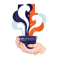 Hands gently hold a textured bowl, releasing aromatic steam that rises against a modern, abstract background, evoking warmth, comfort, and well-being.