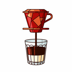 An illustrated Vietnamese phin coffee filter slowly drips rich, dark coffee into a glass containing sweet condensed milk, creating a delicious traditional beverage.