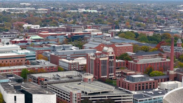 Aerial view of Ohio state university campus with many red academic buildings in Columbus, USA.