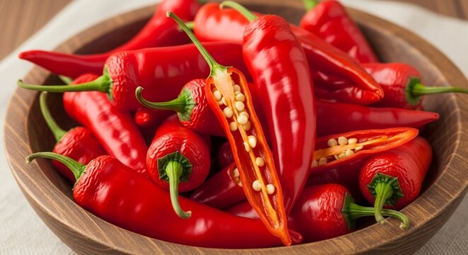 Wooden bowl filled with freshly picked red chili peppers ready for cooking