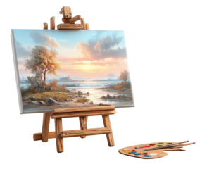 Easel canvas landscape painting seascape sunrise palette brush wooden studio serene easel canvas landscape painting of coastal seascape sunrise, soft clouds glowing, wooden studio setup, isolated