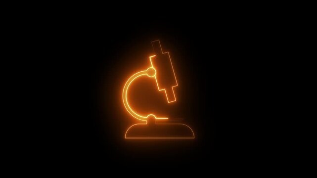 Neon microscope icon animation on black background, glowing science icon, laboratory symbol, medical research, biology lab, futuristic neon UI, education and science concept
