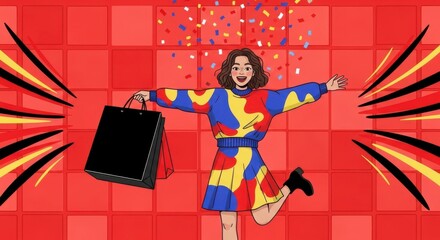 Joyful Shopper Celebrating Big Sales Event