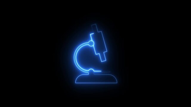 Neon microscope icon animation on black background, glowing science icon, laboratory symbol, medical research, biology lab, futuristic neon UI, education and science concept