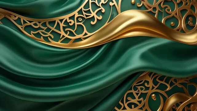 Luxurious green satin fabric with golden ornate filigree and flowing folds in a rich, elegant, and sophisticated artistic style, perfect for luxury branding and high-end design projects.