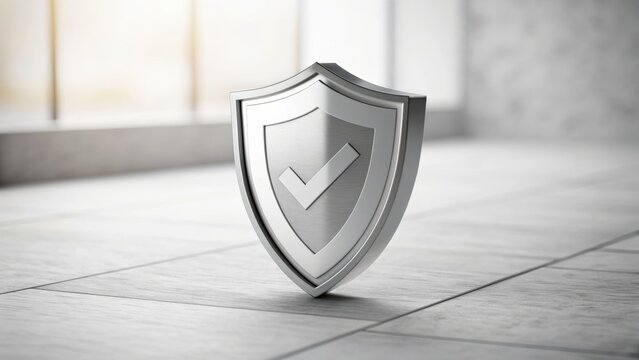 3D Minimal Business Icons 3D shield symbolizing protection and security in a modern indoor setting.