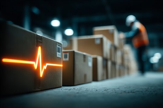 Creative warehouse scene with heartbeat line on delivery boxes and a worker preparing items during evening hours - Powered by Adobe