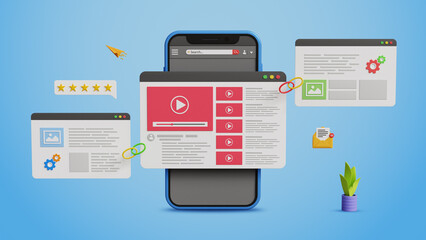 Powerful Link Building Strategies, Higher Rankings, Strong Backlinks, Organic Traffic Growth, Better Visibility, Improved SEO. Video Content Page Linked to Others Websites on 3D Smartphone