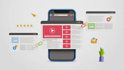 Content Advertising, Promote Video Content, Web Optimization, Link Building, SEO strategy, Improved Search Rankings. 3D Video Web Page Linked to Others Pages for Organic Growth on a Mobile