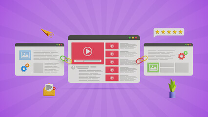 Video Content Backlink Building, Leading Links, Organic Growth Strategy, Backlink SEO, Website Advertising, improving Search Engine Visibility. Video Website Page Linked to Other Sites.3D Illustration