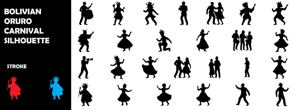 Oruro Carnival Bolivia Silhouette Vector &ndash; Folk Dance, Diablada Masks Cultural Parade