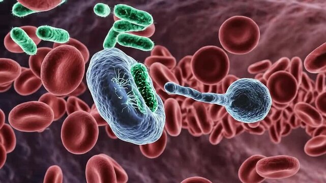 Microscopic view of red blood cells white blood cells and bacteria within the human bloodstream a scientific medical illustration with detailed textures and
