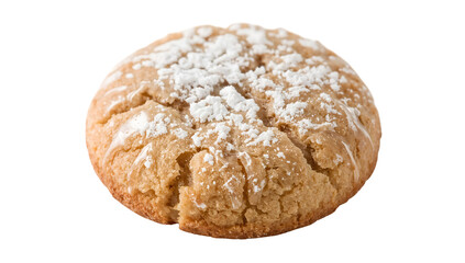 Closeup of fresh powdered sugar cookie with cracked texture on the transparent background for bakery and dessert concepts