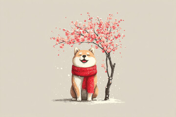 A cute Shiba Inu wearing a red scarf smiles happily under a blooming cherry blossom tree, surrounded by falling petals and a peaceful, soft pastel background.