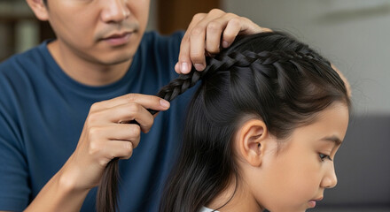 Naklejka premium Asian dad braiding daughter’s hair at home with focus on care 