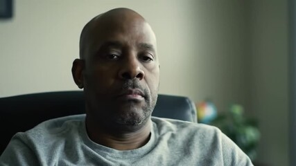 Close-up of a tired man at home holding his neck due to muscle tension or stress. The scene portrays fatigue and physical discomfort.