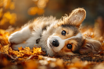 A cute corgi puppy lying on autumn leaves, bathed in warm golden light, gazing gently at the camera with soft fur and expressive eyes in a cozy fall setting.