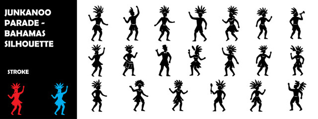 Naklejka premium Junkanoo Parade Bahamas Silhouette Vector – Carnival Dancers, Drummers, Caribbean Festival Illustration