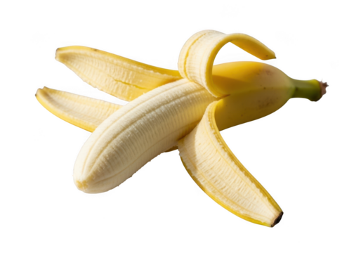 A peeled ripe banana with its skin partially opened, isolated on transparent background