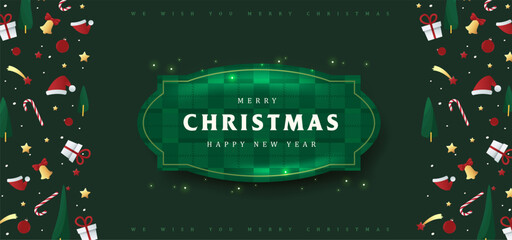 Christmas banner background with festive icons gifts trees stars and holiday decorations suitable for seasonal promotions greeting cards and web headers