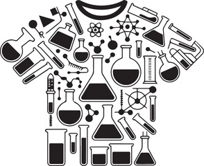 Black and white t-shirt graphic filled with science lab equipment and molecular structures