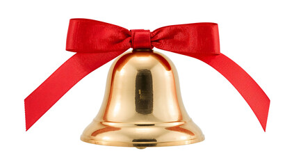 Shiny golden bell with red satin bow isolated on the transparent background for christmas celebration and seasonal decoration