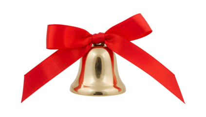 Golden bell with large red satin ribbon bow isolated on the transparent background for christmas decorations and festive celebrations