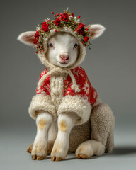 Adorable Baby Lamb in Red Knitted Christmas Cape & Floral Crown | Cute Little Sheep Wearing Festive Winter Outfit, Holiday Lamb Portrait on Gray Background
