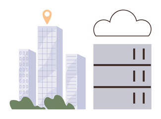 Obraz premium Skyscrapers, location pin, cloud, and server stack illustrating connectivity, data storage, urban technology. Ideal for cloud computing, IT infrastructure, data sharing urban development