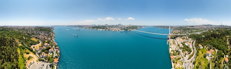 Istanbul, Turkey. Bosphorus strait separates Europe and Asia, connecting Black and Marmara Sea. Bosphorus Bridge, surrounding districts of Besiktas and Uskudar. Panorama 360. Aerial view